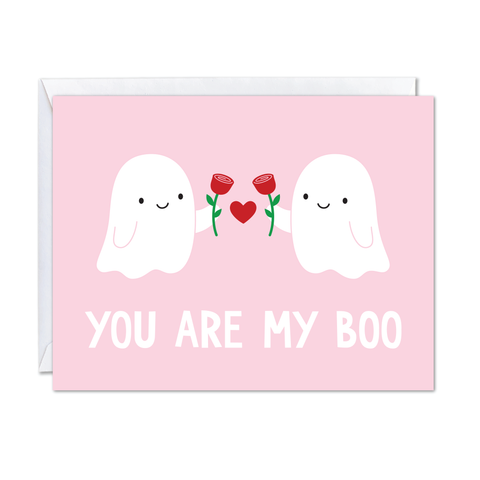 Greeting card with two ghosts holding roses and text "You are my boo"