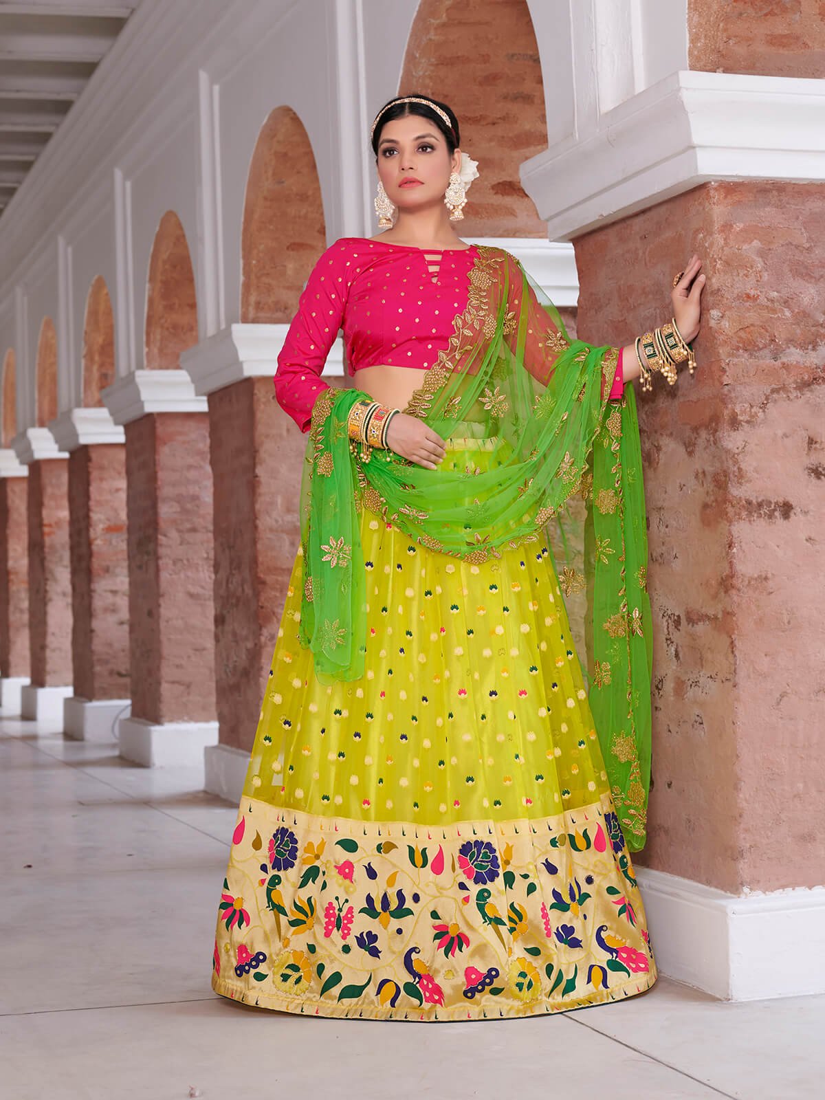 Buy Strawberry Pink Floral Organza Designer Lehenga online-Karagiri