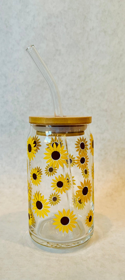 Featured Shops Daisy Glass Soda Can With Lid and Straw 16 oz Smiley Face Libbey  Glass Iced Coffee Cup Bamboo Lid glass tumbler with straw