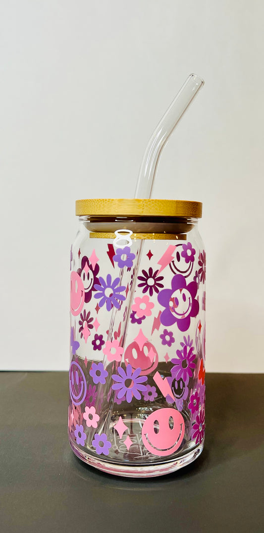 Featured Shops Daisy Glass Soda Can With Lid and Straw 16 oz Smiley Face Libbey  Glass Iced Coffee Cup Bamboo Lid glass tumbler with straw