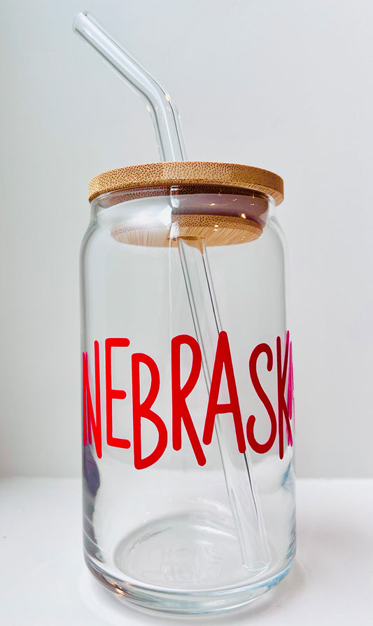 Holographic Nebraska 16oz Libbey Glass with Lid and Straw