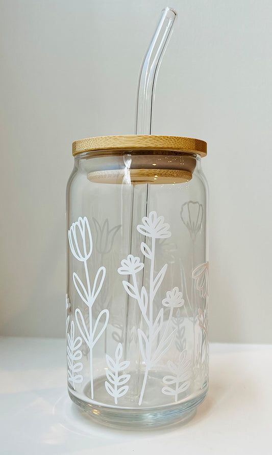 16 oz clear glass tumbler daisy and bees with bamboo lid