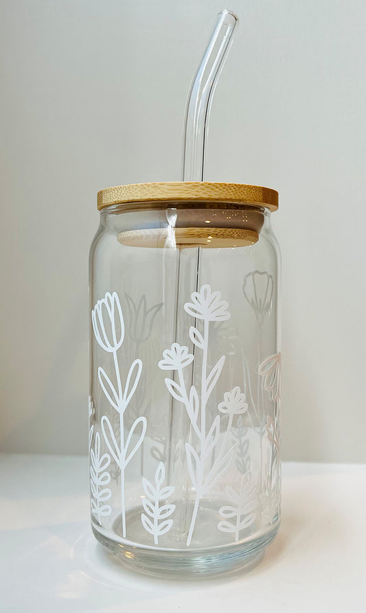 “Summer Daisies” Glass Can Cold Drink Cup w/Bamboo Lid & Glass Straw