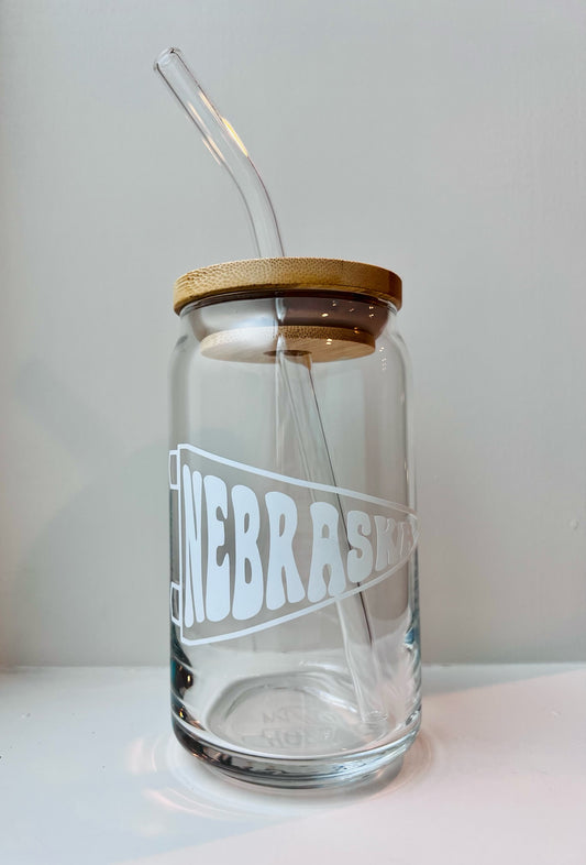 Nebraska- 16oz Libbey Glass with Lid and Straw