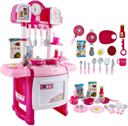 deAO My Happy Little Chef Kitchen 80 Pieces Pretend Play Set with  Multi-Functional Button Panel, Light, Sound, Real Steam Functions and  Colour