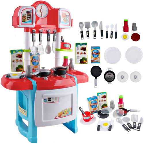 deAO My Happy Little Chef Kitchen 80 Pieces Pretend Play Set with  Multi-Functional Button Panel, Light, Sound, Real Steam Functions and  Colour