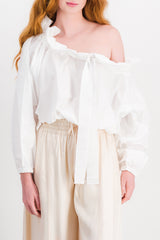 White gros grain cropped voluminous cotton blouse