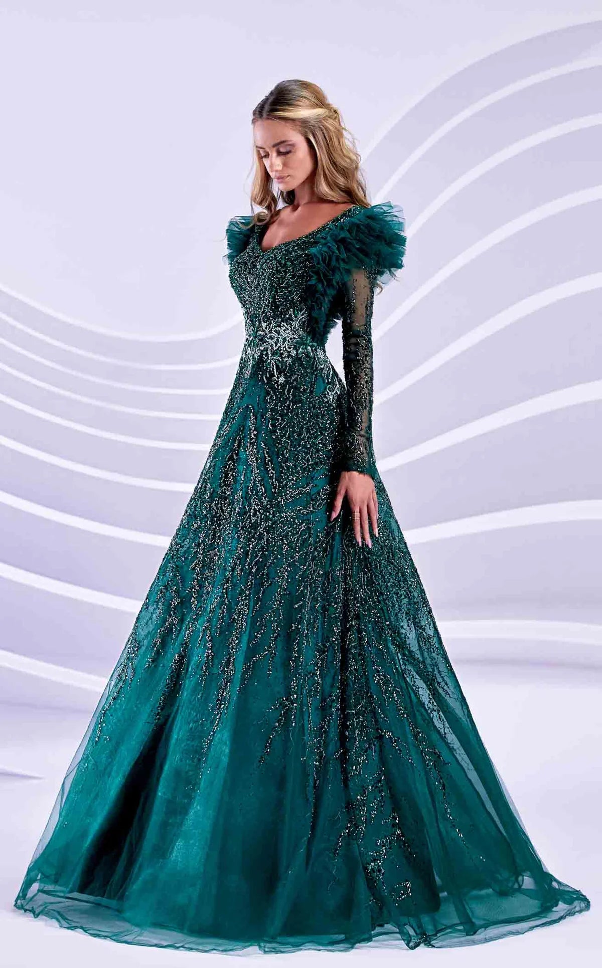 Embellished Long Sleeve Gown by Modessa Couture Elegance