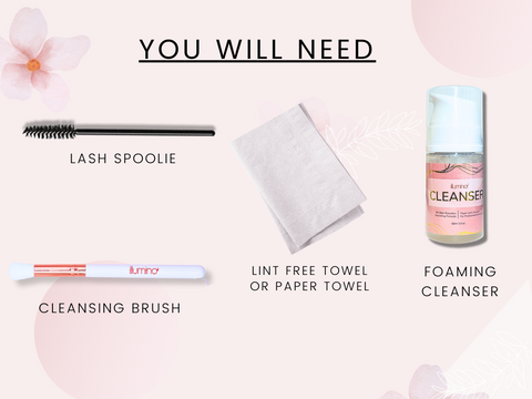 Materials for cleaning your lashes include a cleansing brush, spoolie, cleanser, and cloth