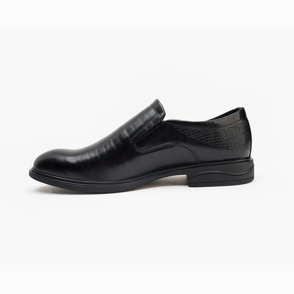 24078-Black Formal Genuine Cow Leather Oxford for Men Slip On Round Burnished Toe PU Leather Non Slip Low Top Slip Resistant Walking