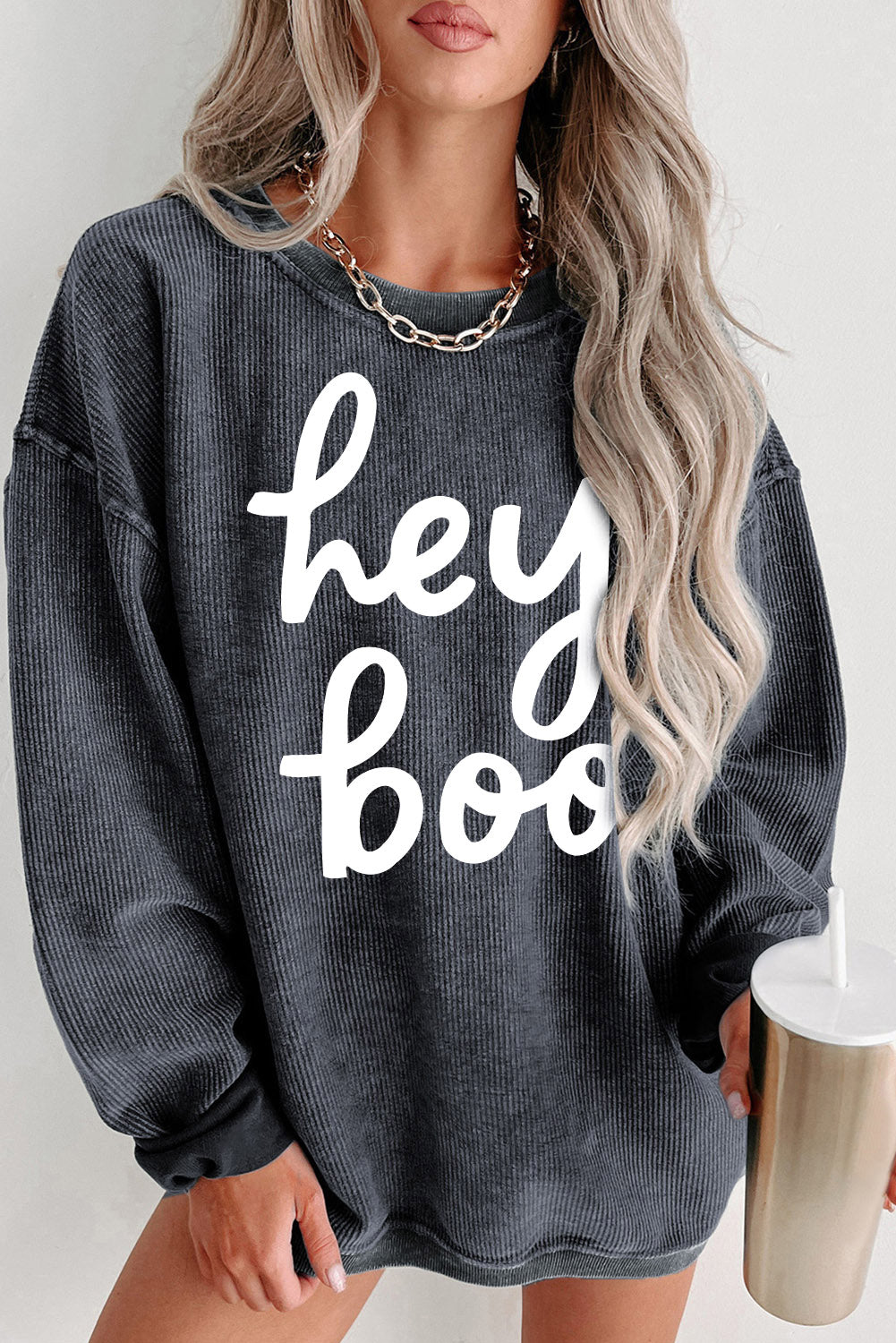 Image of Gray hey boo Graphic Corded Halloween Sweatshirt