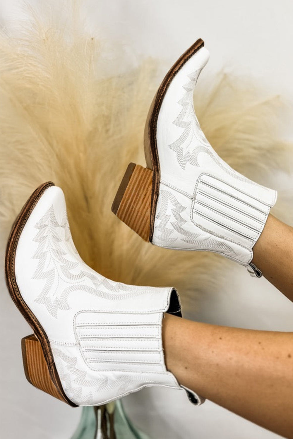Image of White Embroidered Leather Thick Heel Booties