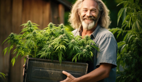 homme plus âgé avec des pots de cannabis
