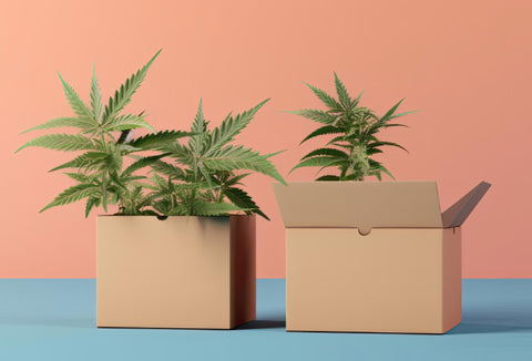 marijuana plants in cardboard boxes on blue table and orange wall