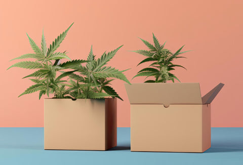 plantas de marihuana en cajas de cartón sobre mesa azul y pared naranja