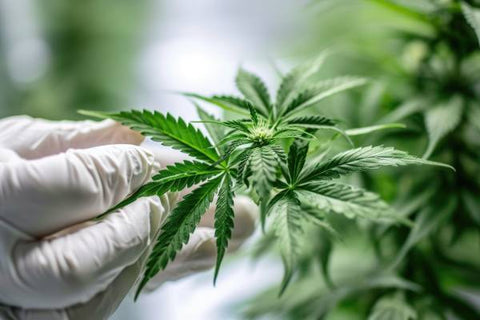 mains d'une personne avec des gants en latex examinant une plante de cannabis
