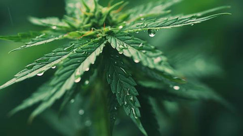planta de cannabis con gotas de agua
