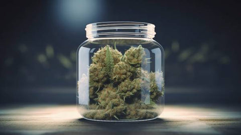 glass container full of cannabis buds on a wooden table and a dark blurred background