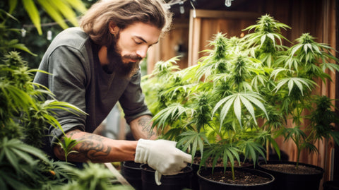 hombre joven cuidando plantas de cannabis en interior