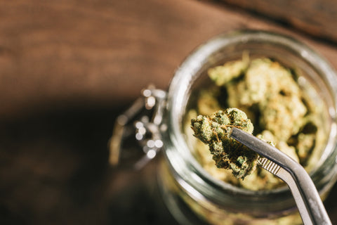 metal tongs extracting cannabis buds from a glass jar on a wooden table