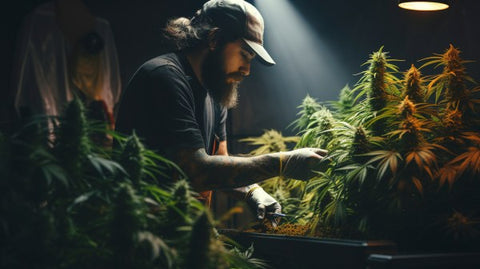 homme avec casquette dans la culture de cannabis en intérieur