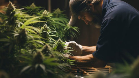 hombre con gorro en plantación indoor de cannabis en una habitación