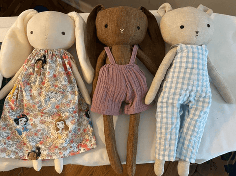 handmade bunny and bear dolls made with studio seren sewing patterns