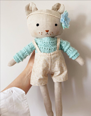 handmade teddy bear doll made with Studio Seren bear sewing pattern