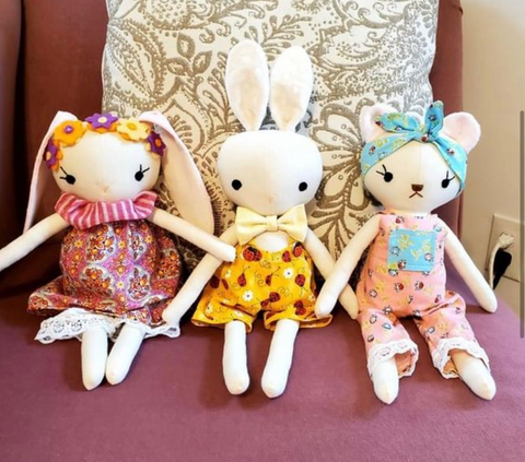 handmade bear and bunny dolls made with Studio Seren sewing patterns