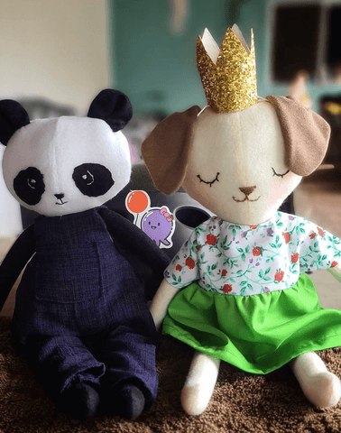 bear and dog dolls made with studio seren sewing pattern