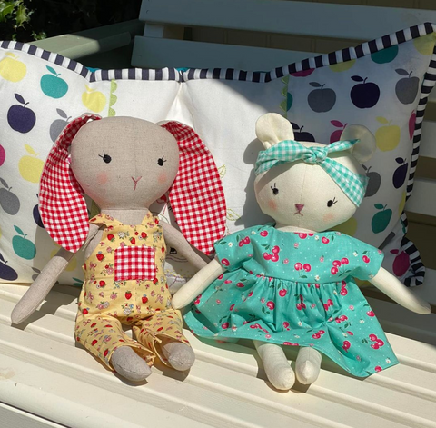 handmade bear and bunny dolls made with studio seren sewing patterns