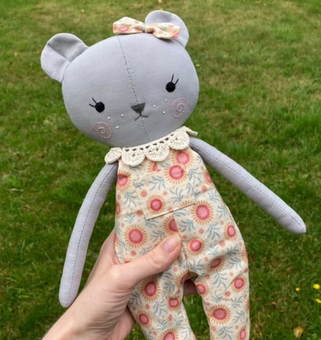handmade teddy bear doll made with studio seren bear sewing pattern