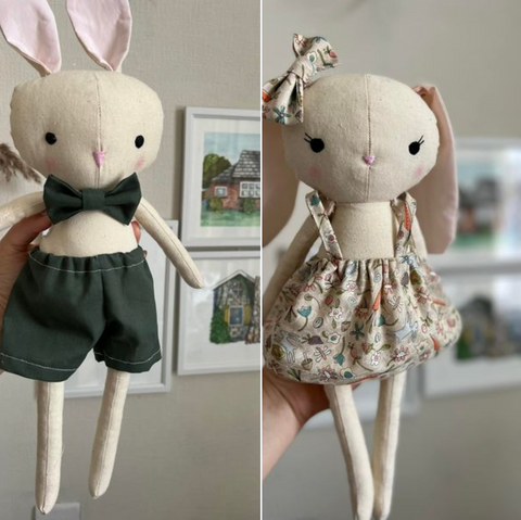 handmade bunny dolls made with studio seren sewing pattern