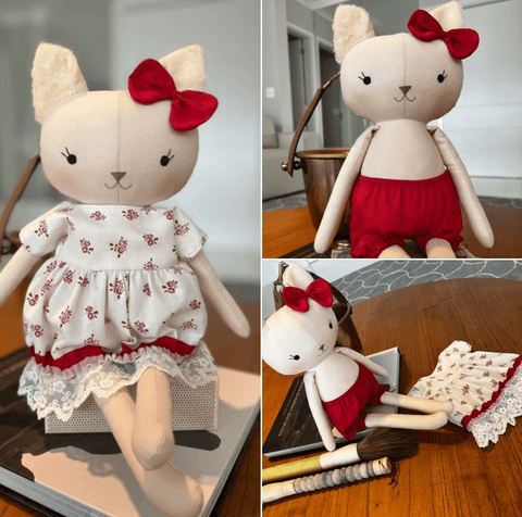 handmade cat doll made using a studio seren cat sewing pattern