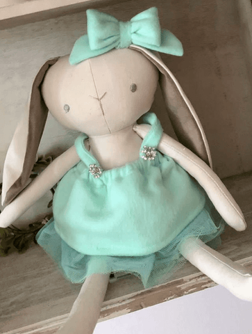 handmade bunny doll made with a  studio seren bunny sewing pattern