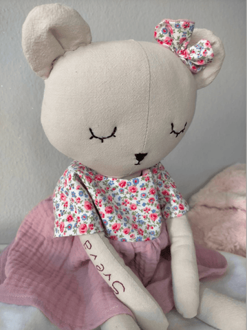 handmade teddy bear doll made with studio seren sewing pattern