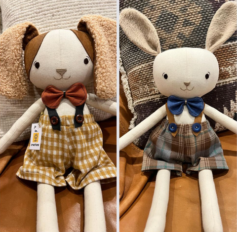 handmade dog and bunny dolls made with studio seren stuffed animal sewing patterns