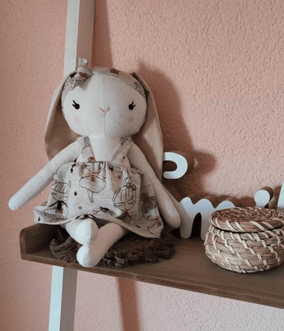 handmade bunny doll made with bunny sewing pattern by studio seren