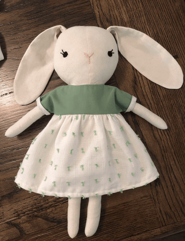 handmade bunny doll made with bunny sewing pattern by studio seren