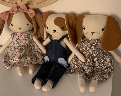 handmade dog dolls made with studio seren dog sewing pattern