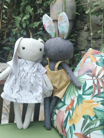 handmade bunny dolls made with studio seren bunny sewing pattern