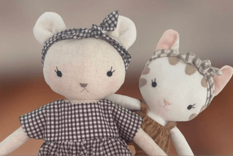 handmade bear and cat dolls made with studio seren stuffed animal patterns