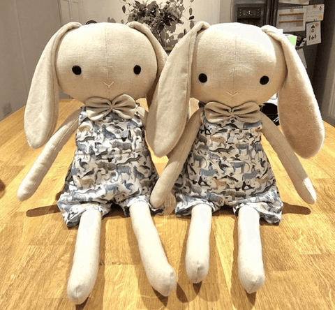 handmade bunny dolls made using studio seren bunny sewing pattern