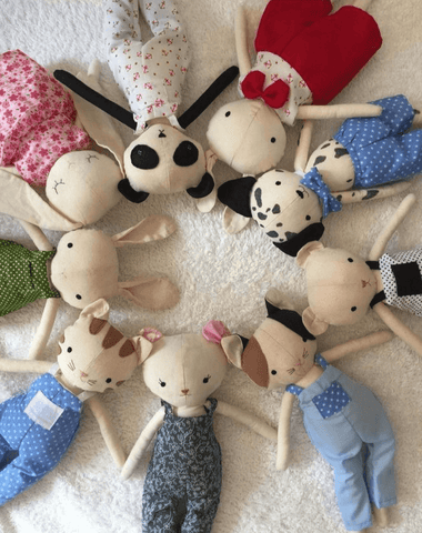 handmade stuffed animal dolls made with studio seren sewing patterns