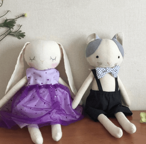 handmade cat and bunny doll made using studio seren doll sewing patterns