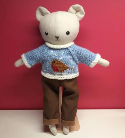 handmade teddy bear wearing christmas sweater made with studio seren sewing pattern