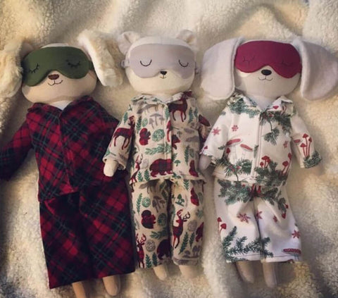 handmade dolls in christmas pyjamas made with studio seren sewing patterns
