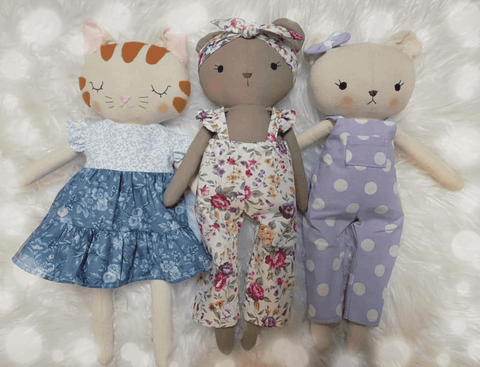 handmade cat and teddy bear dolls made with studio seren stuffed animal doll sewing patterns