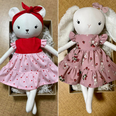 handmade teddy bear and bunny dolls made with studio seren stuffed animal sewing patterns