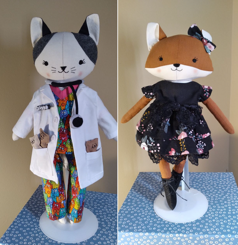 handmade cat and fox dolls made with studio seren stuffed animal doll sewing patterns